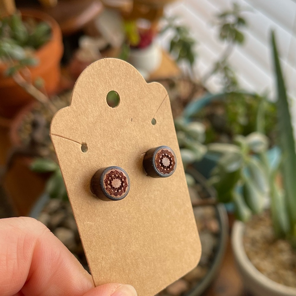 Faux Gauge Plug Earrings Engraved Wood Sun Mandala
